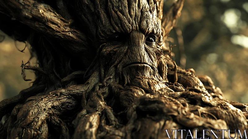 Melancholy forest guardian carved from ancient twisted bark.