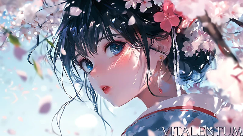 Spring-gazed girl beneath drifting cherry blossoms, softly lit.
