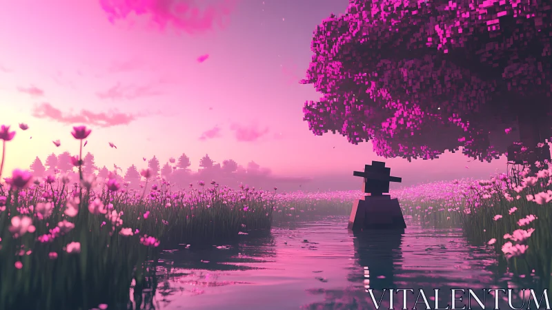 Voxel figure watches pink sunset across reflective river