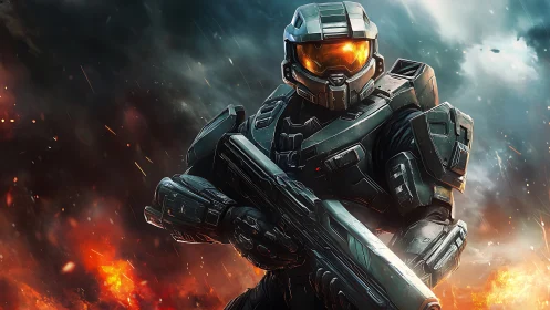 Armored sci fi supersoldier with rifle in explosive battlefield