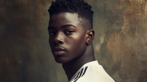Portrait of young male subject in neutral studio setting.