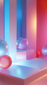 Chromatic gradient corridors with reflective spheres in 3D space.