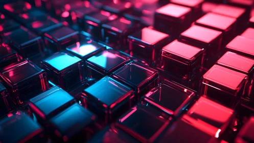 Futuristic glass cubes in neon blue and pink abstract digital art.