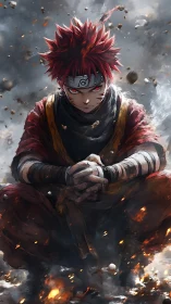 Red haired ninja character in seated pose amid debris.