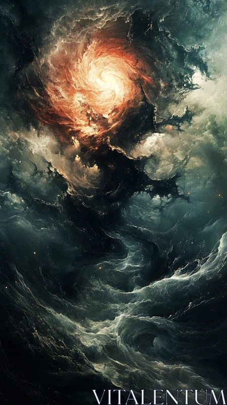 Turbulent cosmic vortex with stellar plasma and abyssal clouds.