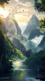 Sunlit mountain valley river wrapped in soft morning mist.