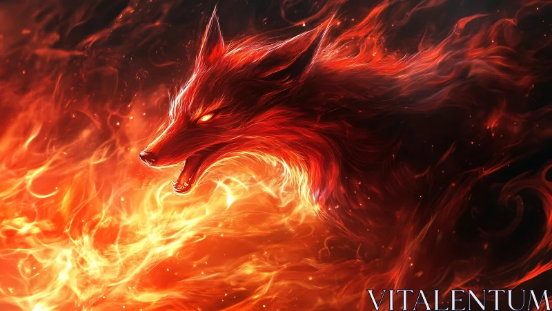 Fiery spectral wolf head emerging from swirling flames.