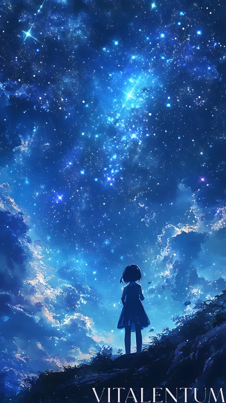 Girl in blue twilight gazes into an endless starry sky