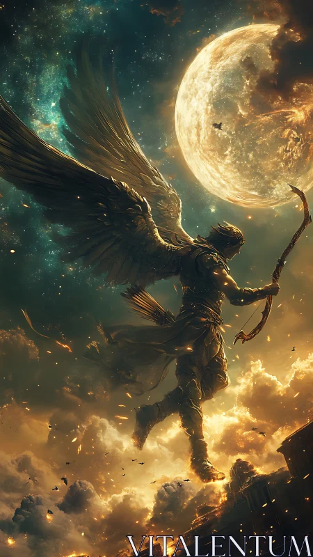 Armored winged archer soaring before a glowing moon.