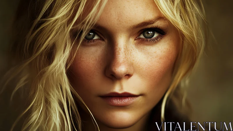 Close-cropped portrait emphasizes freckled skin, shallow depth focus