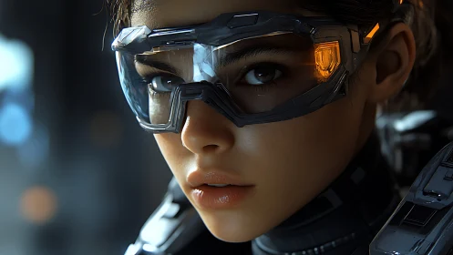 Close view of female cyborg wearing illuminated visor.