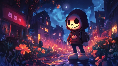 Luminous chibi skeleton fl&acirc;neur in neon-lit nocturnal alley.