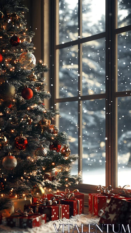 Cozy indoor Christmas tree by window with wrapped gifts.