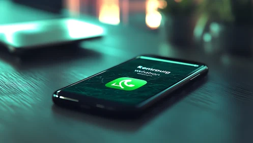 Evening phone call on a softly lit modern desk scene.