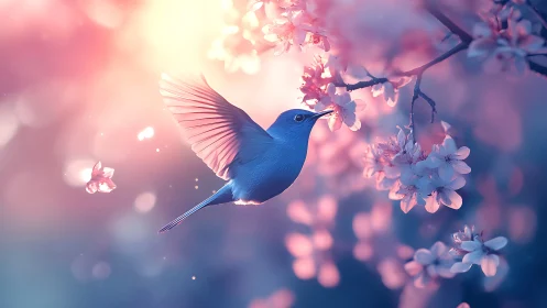 Blue bird hovering near cherry blossoms in soft light.
