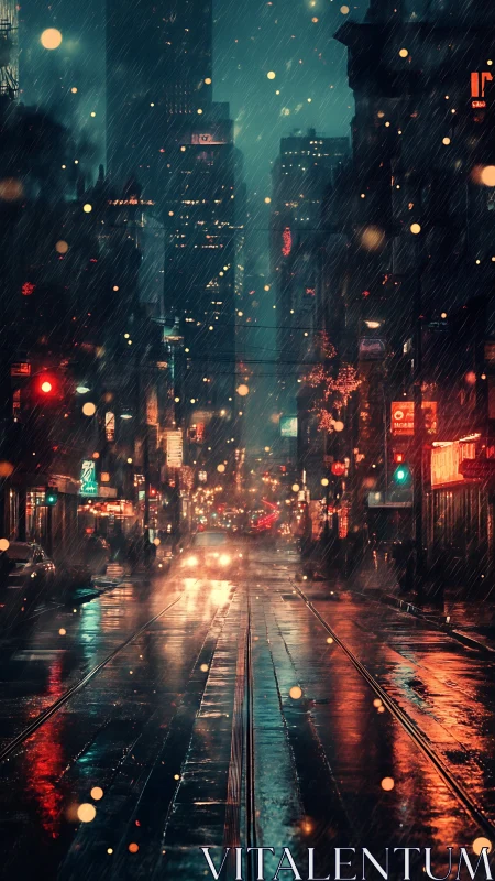 Rain-drenched neon avenue glows through the evening storm.