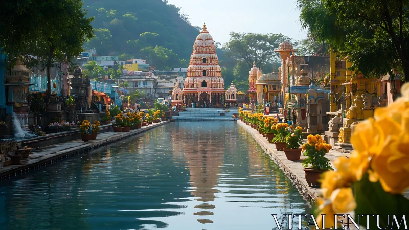 Symmetric canal view frames ornate Hindu riverside temple complex