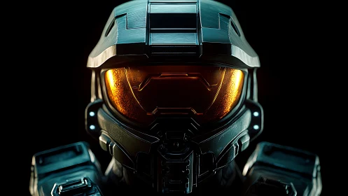 Futuristic armored helmet with glowing gold visor