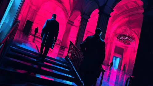 Business figures in neon lit grand hall interior at night.