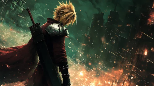 Spiky haired swordsman surveys burning futuristic cityscape