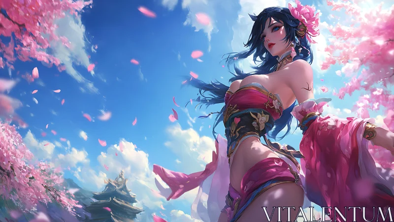 Cherry blossom warrior framed by dynamic low-angle perspective