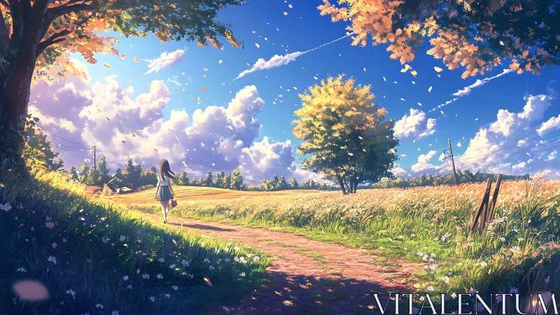 Girl walks a sunlit country path under drifting petals