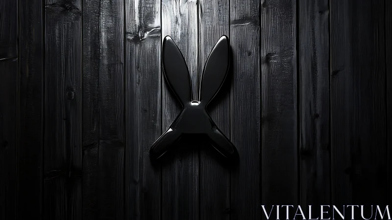 Black rabbit-shaped wall object on dark wooden boards.