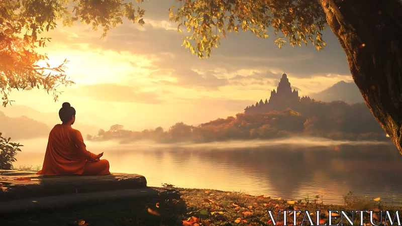 Sunset monastery listens quietly to the monk beside the lake