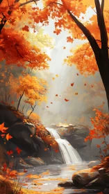 Golden autumn waterfall glows softly through swirling leaves