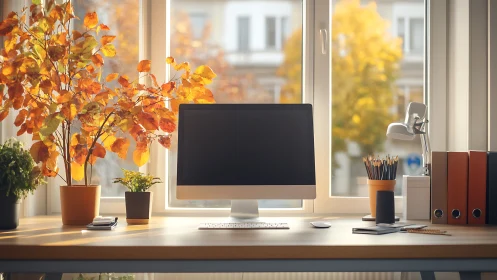Minimalist desktop workspace with autumn window view.