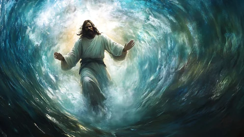 Religious figure walking through turbulent parted water.