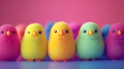 Bright pastel chicks stand together in soft rainbow colors