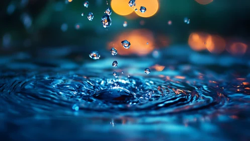 Falling droplets crown a neon-blue pool in twilight stillness.