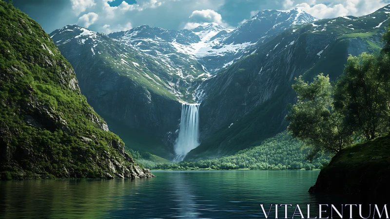 Mountain walls cradle a silver waterfall and mirrored fjord