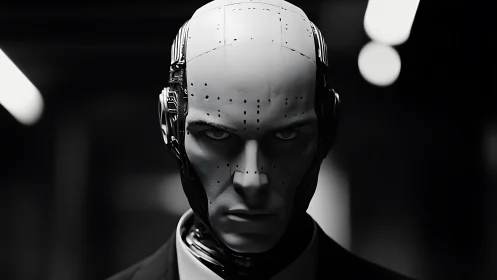Monochrome humanoid android portrait with rigid synthetic facial plate