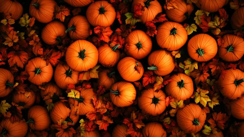 Pumpkins and autumn leaves in dense overhead arrangement.
