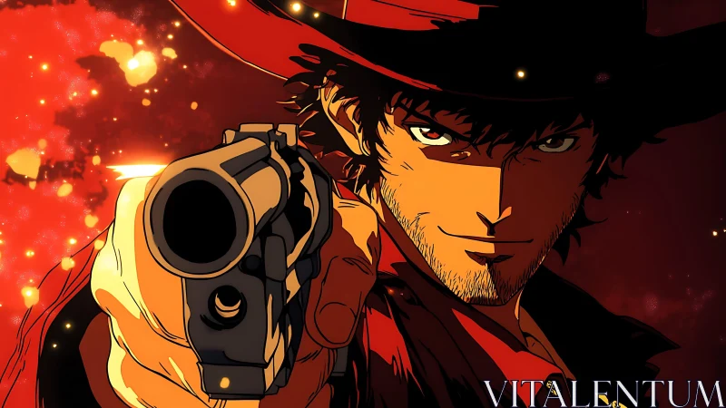 Stylized gunman aims revolver in close frontal view