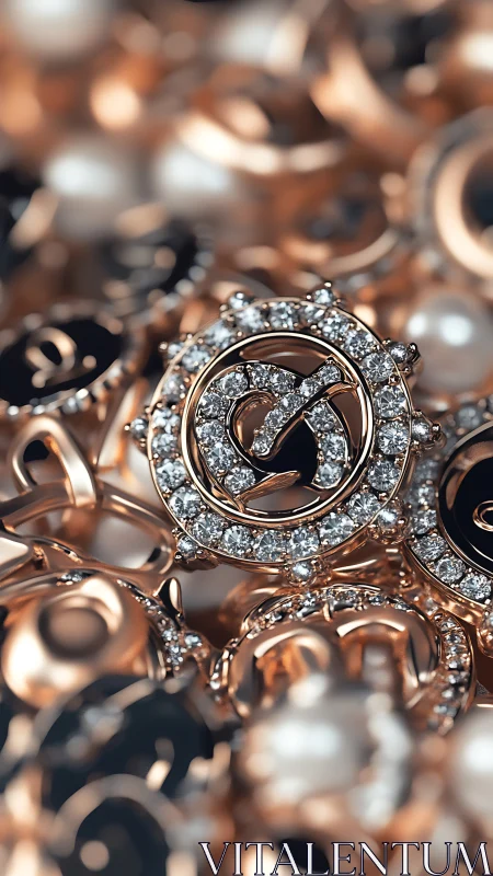 Diamond encrusted gear pendant in rose gold focus.