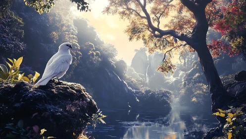 Majestic White Bird in Enchanted Forest by Tranquil Lake, Dreamlike Art.