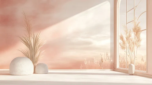 Minimalist pastel interior stages pampas grass in soft daylight