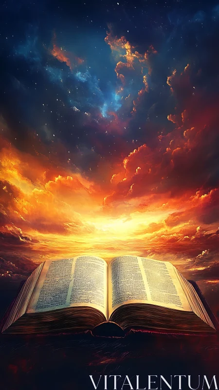 Illuminated open book under radiant cosmic nebula sky