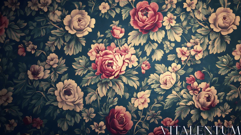 Vintage roses wander across teal twilight in quiet bloom