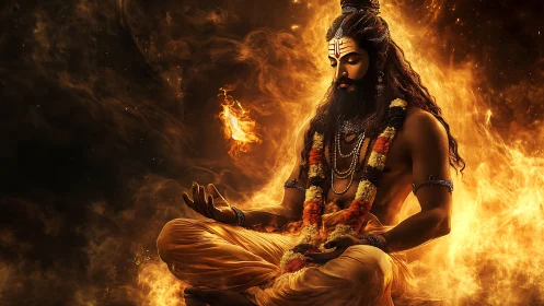 Meditating holy man in fiery divine aura and golden light.
