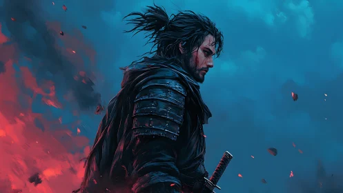 Digital painting of lone samurai in cinematic side profile.