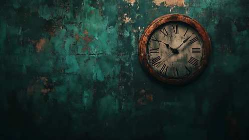 Weathered vintage clock rests softly on a worn teal wall
