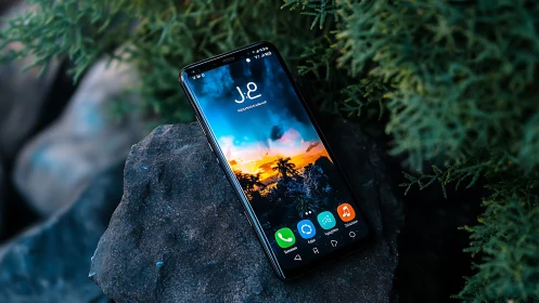 Smartphone on Rock Amid Lush Greenery.
