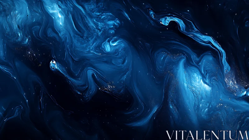 Deep blue cosmic fluid abstraction with shimmering light trails.