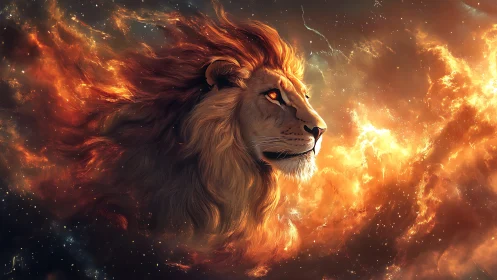 Majestic lion head emerging from fiery cosmic nebula.