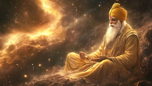 Celestial mystic in golden robes amid luminous nebulae.