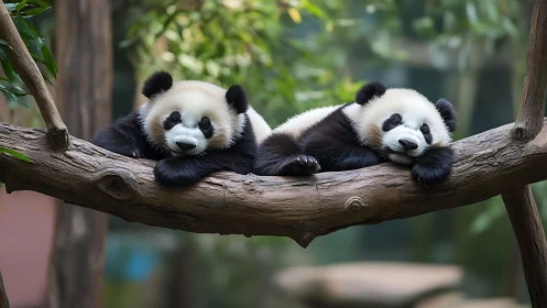 Two giant panda cubs resting on a tree branch in habitat.